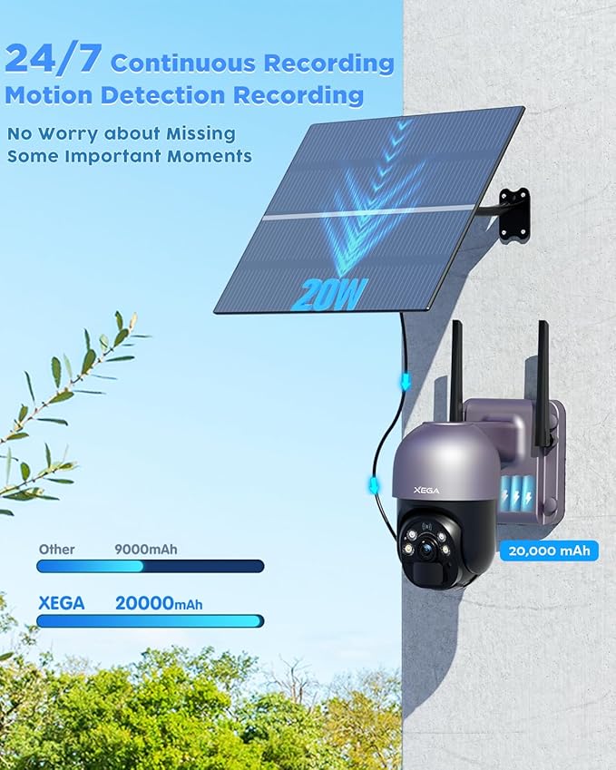Xega® 4G LTE Cellular Security Camera with 20W Solar Panel 20000mAh Built-in Battery - [24/7 Record] Solar No WiFi Security Camera Wireless Outdoor,2K HD Color Night Vision, PIR Motion Detection,IP66