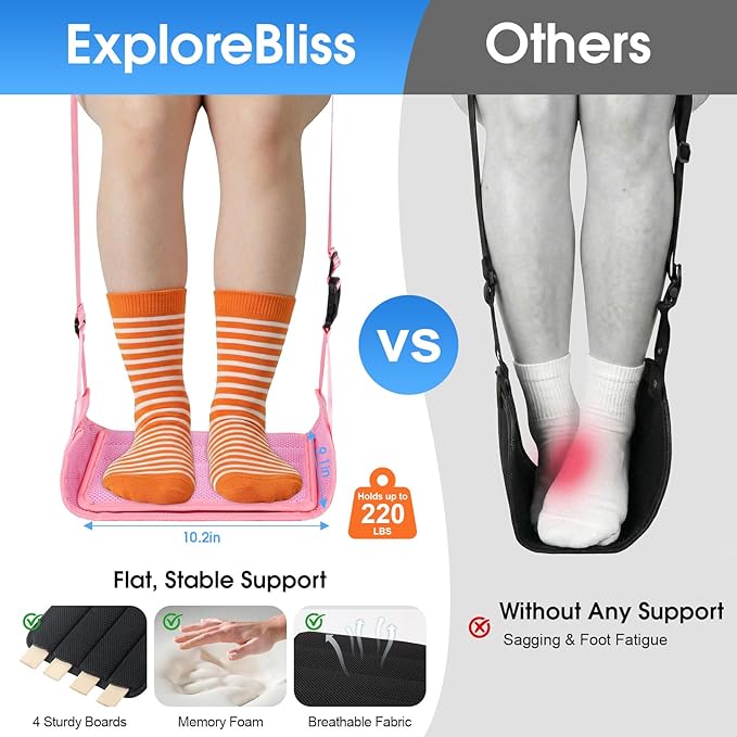 ExploreBliss Airplane Foot Rest - Lightweight Foot Hammock for Plane Travel with Adjustable Strap & Thick Board, Tray Table Under Desk Footrest to Relax Feet, Travel Essentials for Long Flights(Pink)