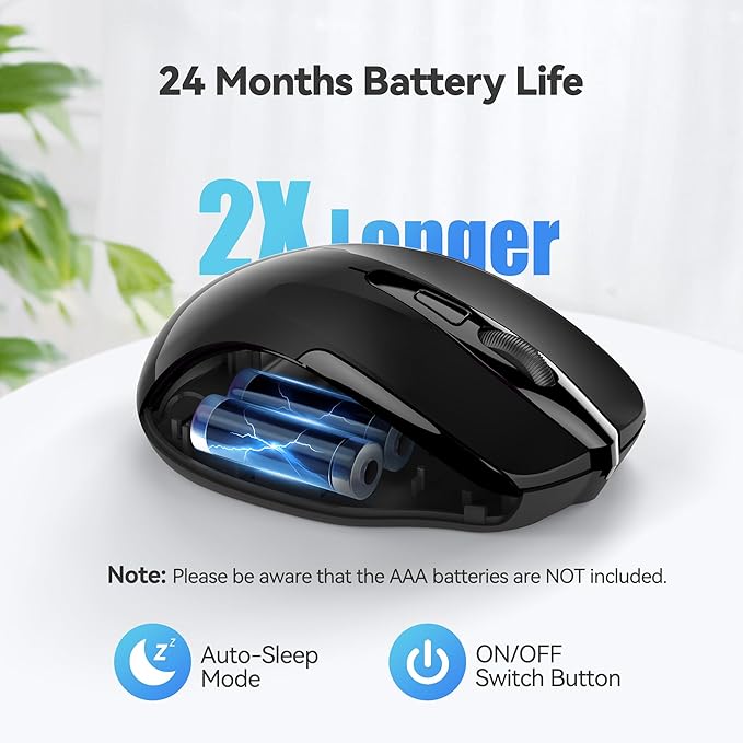 TECKNET Wireless Mouse, 2.4G Ergonomic Optical Mouse, Computer Mouse for Laptop, PC, Computer, Chromebook, Notebook, 6 Buttons, 24 Months Battery Life, 2600 DPI, 5 Adjustment Levels - Black
