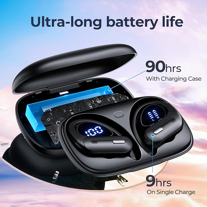 GNMN Active Noise Cancelling Bluetooth Headphones Wireless Earbuds 90 Hrs Playtime Ear Buds with Hi-Res Stereo Deep Bass Power Display Earphones with Earhooks Waterproof Transparency Headset