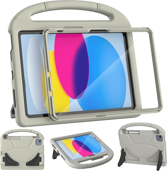 Kids Case for iPad A16 11th Gen 11-Inch 2025 & iPad 10th Generation (10.9" 2022), Durable Shockproof Fully-Body Cover with Screen Protector/Pencil Holder/Stand/Handle for Kids, Light Gray