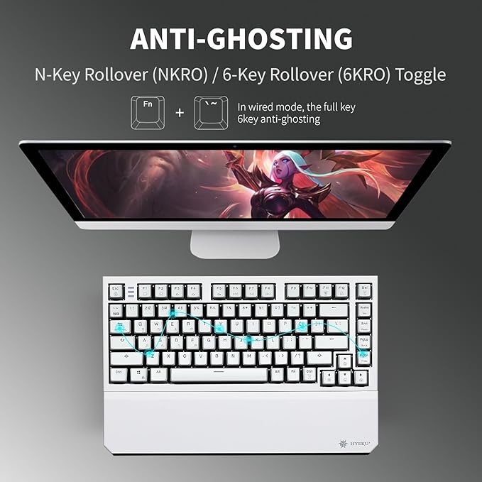Hexgears X2 TKL Wireless Mechanical Gaming Keyboard with Magnetic Wrist Rest, Dual-Mode 2.4GHz/USB-C Ergonomic Keyboard, Pre-lubed Tactile Switches, White LED Backlit Computer Gaming Keyboards