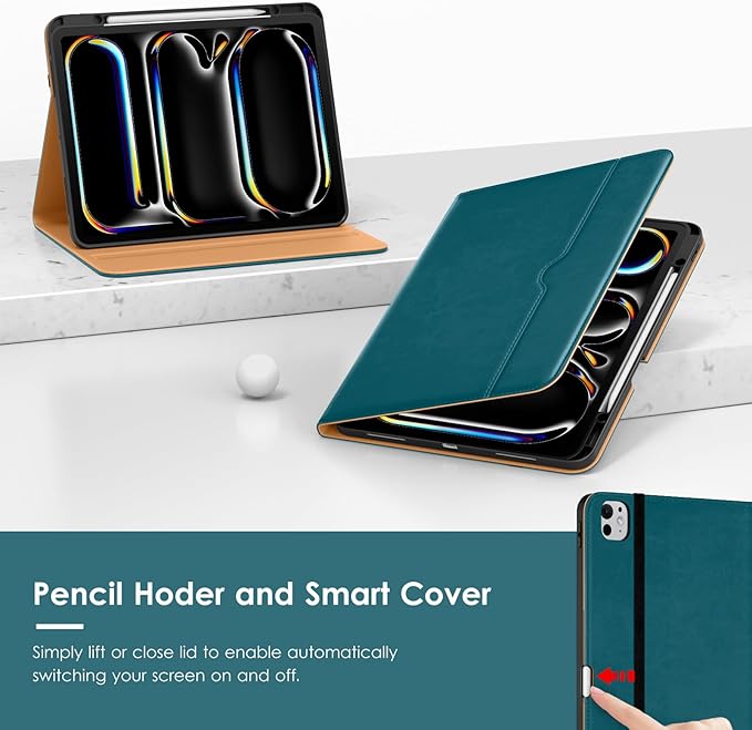 VIKESI Case for iPad Pro 13 (M4) 2024, Leather Stand Cover with Apple Pencil Holder, Auto Wake/Sleep, Multiple Viewing Angles, Built in Hand Strap & Pocket, Teal
