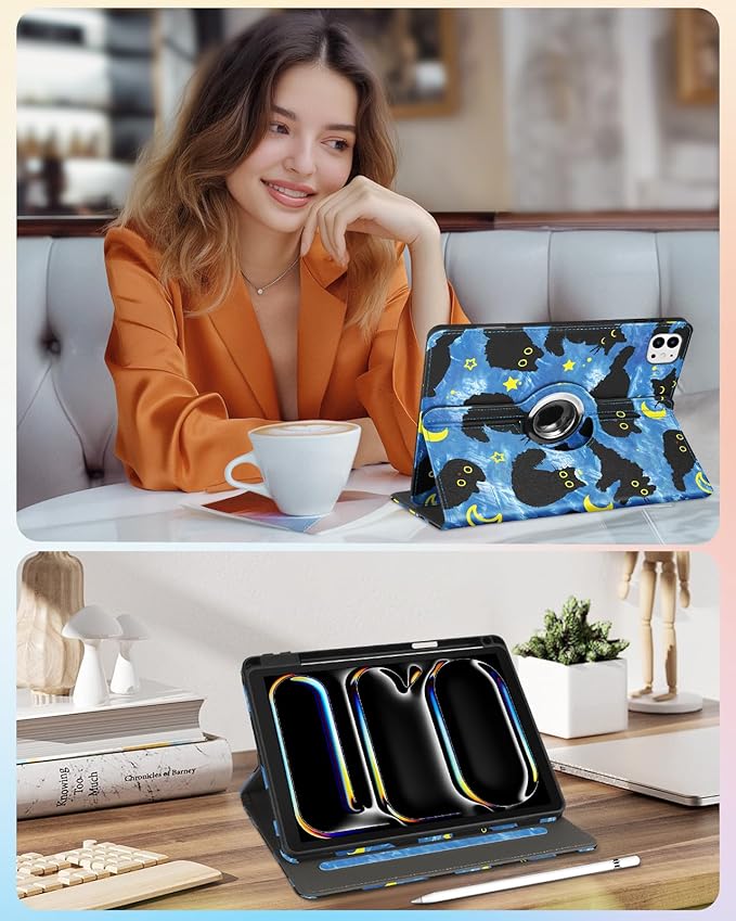 Kidcube for iPad Pro 11 Inch Case M4 2024 5th Generation - Women Girls Cute Rotating Stand Folio Cover with Pencil Holder & Card Slot Girly Cat Stars Blue Design for iPad Pro 11'' Case 2024 M4 5th Gen
