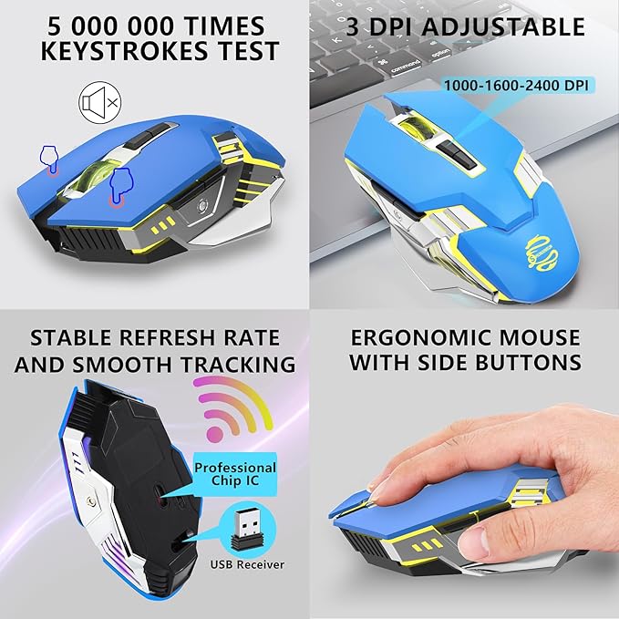 Bluetooth Wireless Gaming Mouse, RGB Rechargeable USB Wireless Mouse, Quiet Click, LED Backlit, Ergonomic, with Side Button, DPI Adjustable Computer Mice for Laptop PC MacBook Chromebook - Blue