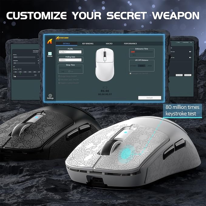 ATTACK SHARK R6 Wireless Gaming Mouse, Tri-Mode Connection, 39 Grams Superlight, PAW3950 42K DPI Sensor, 8K Polling Rate, MCU Nodic 52840, 7 Programmable Buttons, for PC/Mac/Linux/PS - White & Sticker