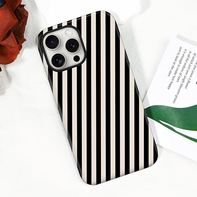Magnetic for iPhone 15 Case Cute Diagonal Stripes Phone Case, Shockproof Slim TPU and Hard PC Protective Phone Cover Compatible with MagSafe Designed for Women Girls,Black and White