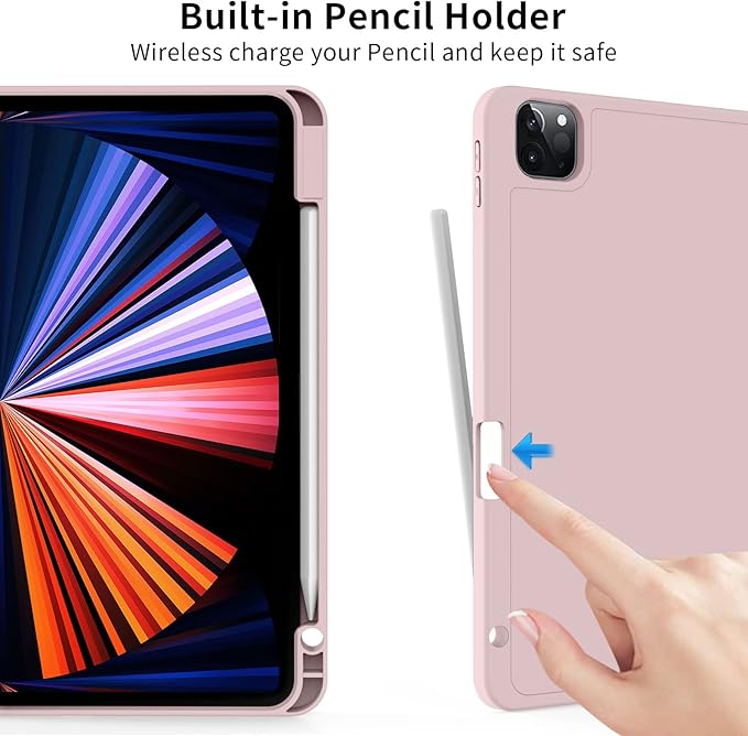 kenke Case for iPad Pro 11 Inch 4th/3rd/2nd Generation (2022/2021/2020) with Pencil Holder, Slim Trifold Smart Cover with Soft TPU Back, Support 2nd Gen Pencil Charging, Auto Sleep/Wake, Pink