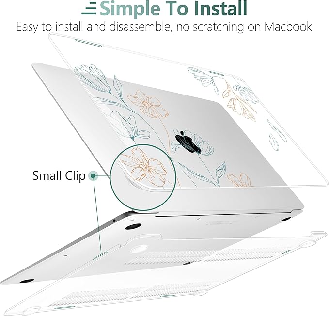 TWOLSKOO for MacBook Air 13.3 inch Case 2021 2020 2019 2018 Release M1 A2337 A2179 A1932 with Touch ID, Plastic Hard Shell Case & Keyboard Cover & Type C Adapter, Engraved Floral