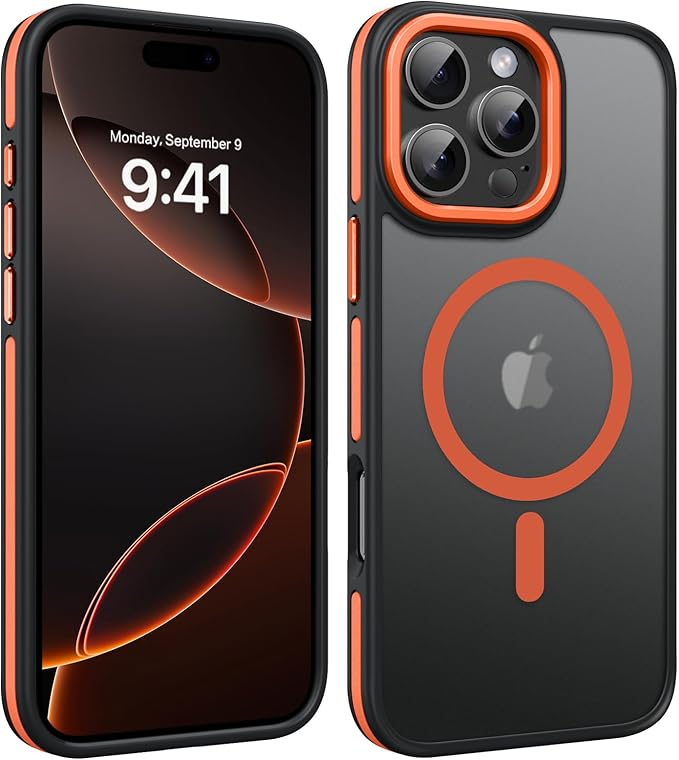 YINLAI Case for iPhone 16 Pro Max, Magnetic Case [Compatible with Magsafe] Supports Wireless Charging Slim Translucent Matte Men Women Shockproof Protective Back Phone Cover 6.9 Inch, Black/Orange