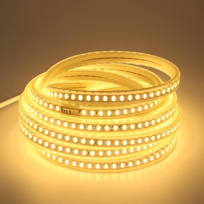 49.2ft Waterproof LED Light Strips AC 110V 120V Outdoor Lights 15m Flexible Cuttable Rope Lights SMD 5730 120LEDs/m 3000K Warm White with US Plug for Bedroom Kitchen Under Cabinet Home