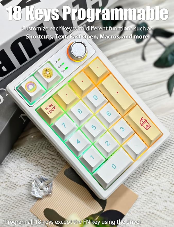 Gasket Creamy Mechanical Numpad Programmable Macro Keypad Wireless 2.4G/Bluetooth 5.0/Wired USB-C RGB Backlit Hot Swappable Number Pad Rechargeable Numeric Keyboard Metal Knob, Donut