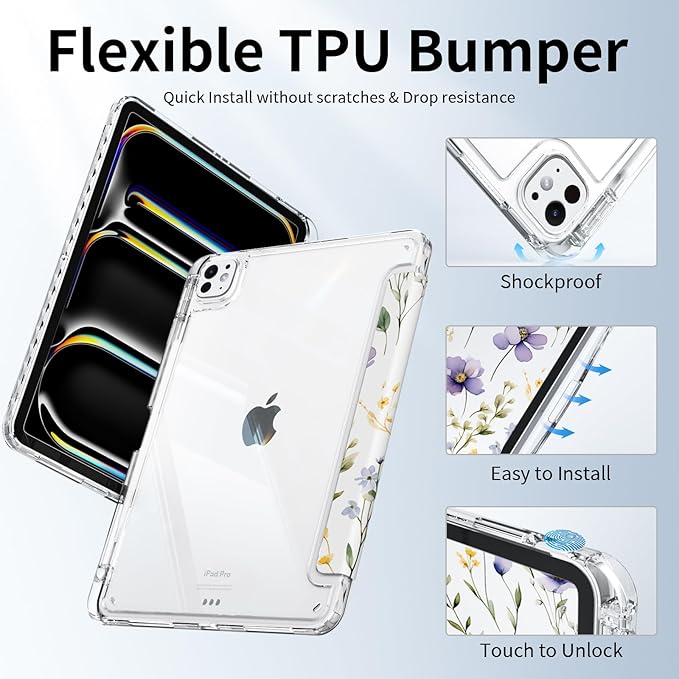 Trifold Case for iPad Air 13 Inch M4/M3/M2 (2026/2025/2024), iPad Pro 12.9 Inch 6th/5th/4th/3rd Generation Case, Pencil Holder, Slim Lightweigt, Shockproof Clear Cover, Purple Floral