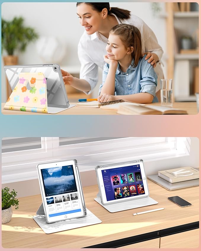 Uppuppy for iPad 5th/6th Generation Case for iPad Air 1st/Air 2nd/Pro 9.7 inch 2016 Case - 360 Rotating Stand Folio Smart Cover with Pencil Holder for Women Girls, Colorful Flowers for Apple Tablet