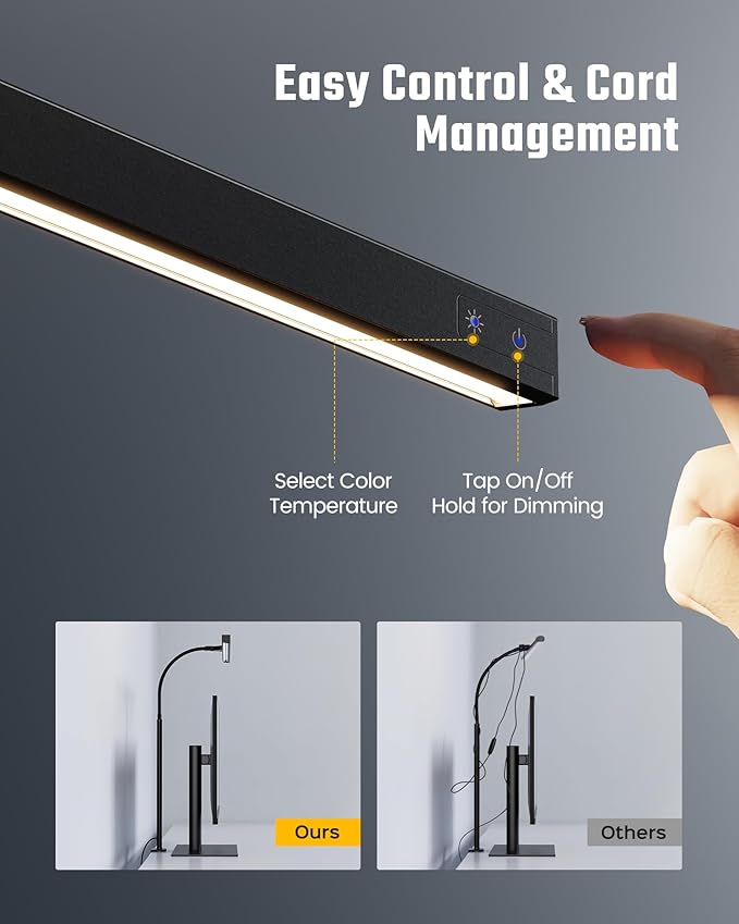 SUPERDANNY LED Desk Lamp for Office Home, Eye-Caring Desk Light with Adjustable Gooseneck, 12W Touch Control Dimmable Brightness, Architect Clamp Lamp with USB Adapter for Reading Study Workbench