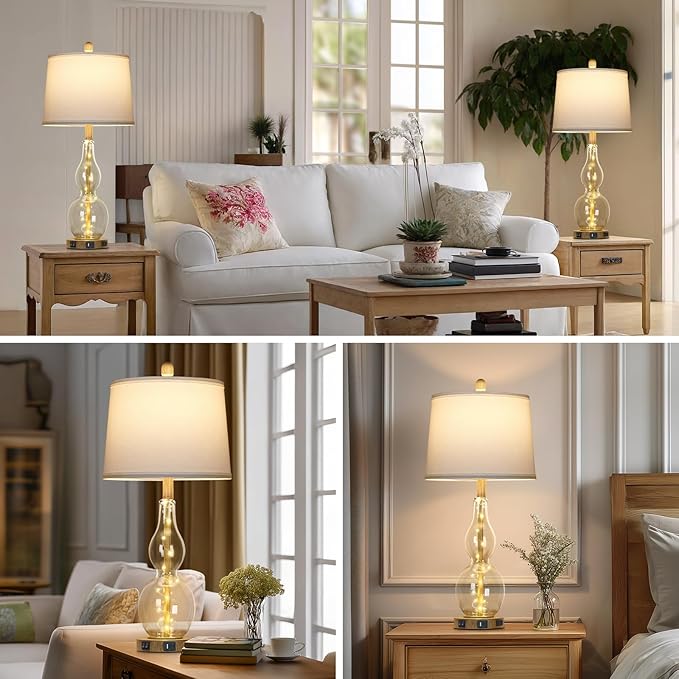 Rinweey 27.5" Clear Glass Table Lamp Set of 2 with Night Light,Bedside Lamps with USB Ports and AC Outlet, Modern Nightstand Lamps Retro Farmhouse lamp for Bedroom Living Room