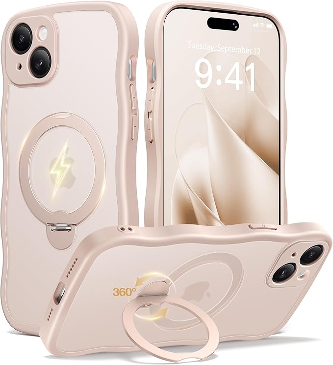 CAPRARO for iPhone 15 Case with 360° Spin Magnetic Stand for Women, [Compatible with MagSafe] [Full Camera Protection] Cute Wave Translucent Matte Case for iPhone 15, Rose Gold