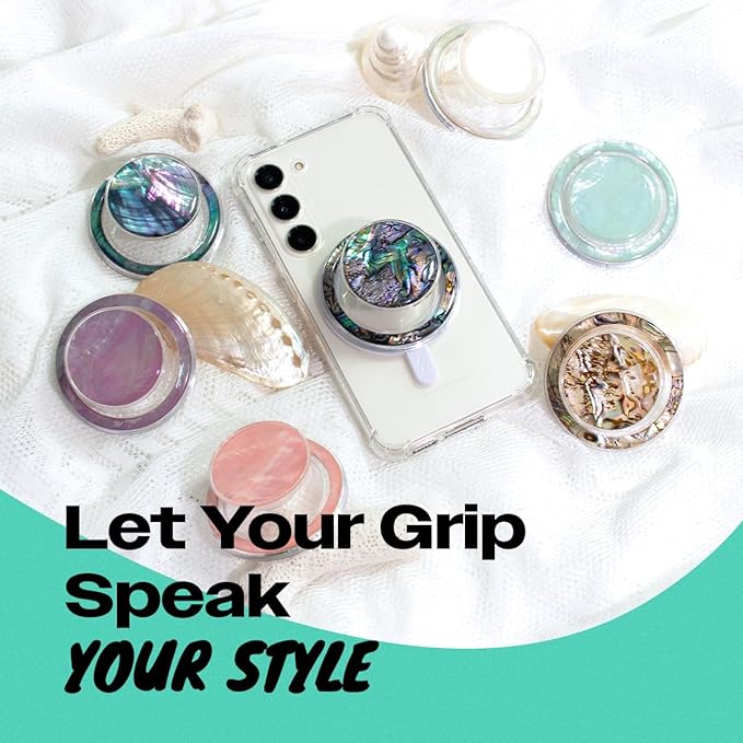On The Grip Magnetic Phone Grip for MagSafe, Genuine Natural Crystal & Seashell Stone, Swappable Top, Strong Magnet Holder & Kickstand for iPhone 15 14 13 12 Pro Max Plus & MagSafe Cases (Blue Green)