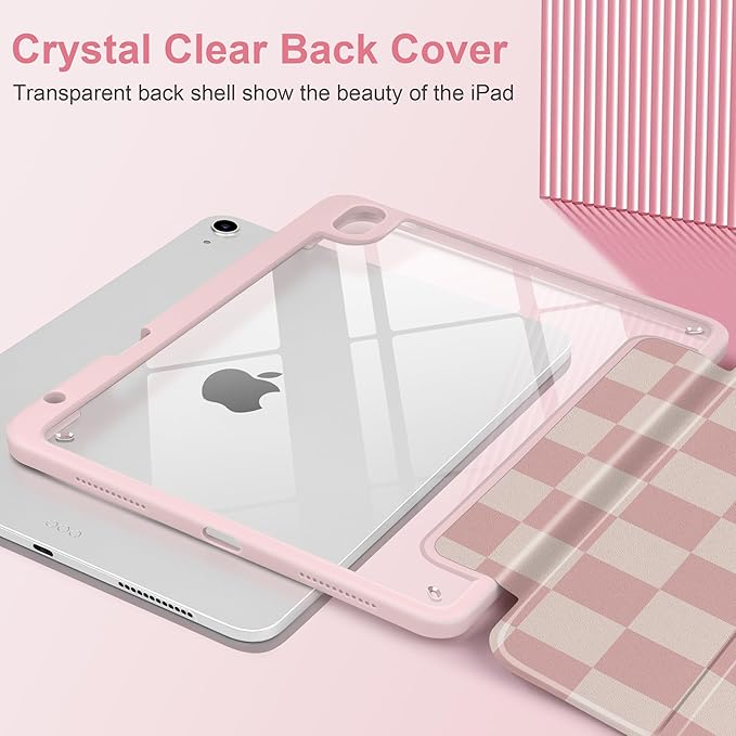 Case for iPad Air 11 inch M4 2026 M3 2025 M2 2024 Release with Pencil Holder - Aesthetic Cute Design Trifold Cover with Soft TPU Bumper Clear Back Auto Sleep/Wake for Girls Women, Lattice