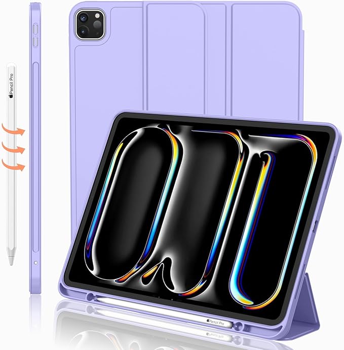 iMieet Case for iPad Pro 11 Inch (M5) 2025 /(M4) 2024 5th Gen, Trifold Stand Smart Cover with Pencil Holder and Soft TPU Back, Auto Wake/Sleep (Light Purple)