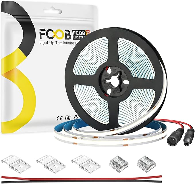 16.4FT DC24V COB LED Strip 6000K Cool White 480LEDs Flexible High Density Uniform Bright Light Strip 9W/m, CRI90+ Dimmable LED Light for DIY Kitchen Bedroom Home Decor, No Power and Controller