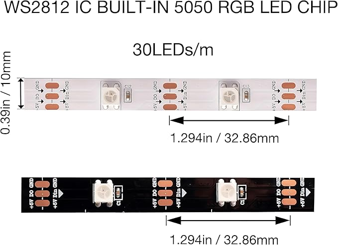 WS2812B LED Strip Individual Addressable Light Full Color SMD 5050 RGB Pixel Strip DC5V (30Pixels/m 150Pixels 16.4FT 150LEDS Non-Waterproof, White PCB)