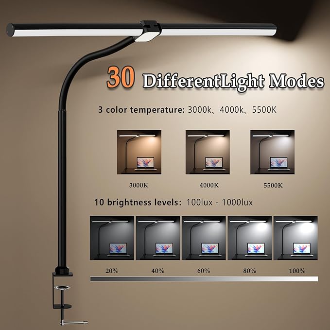 LED Desk Lamp for Home Office,Eye-Caring Desk Light with Reduced Blue Spectrum, Dual Screen Computer Monitor Table Light,30 Lighting Models,Adjustable Flexible Gooseneck Desk Lamp for Study