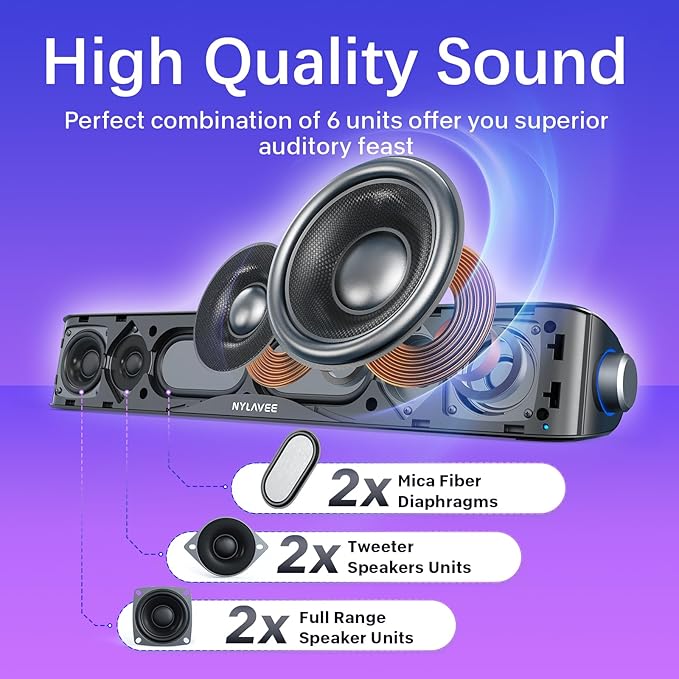 Nylavee Computer Speakers with Subwoofer, 2.1 PC Speakers System with Bluetooth 5.4 & 3.5mm Aux-in, 60W Peak Power, AC Adapter Powered Computer Sound Bar for Desktop PC, Laptop, Monitor, Gaming