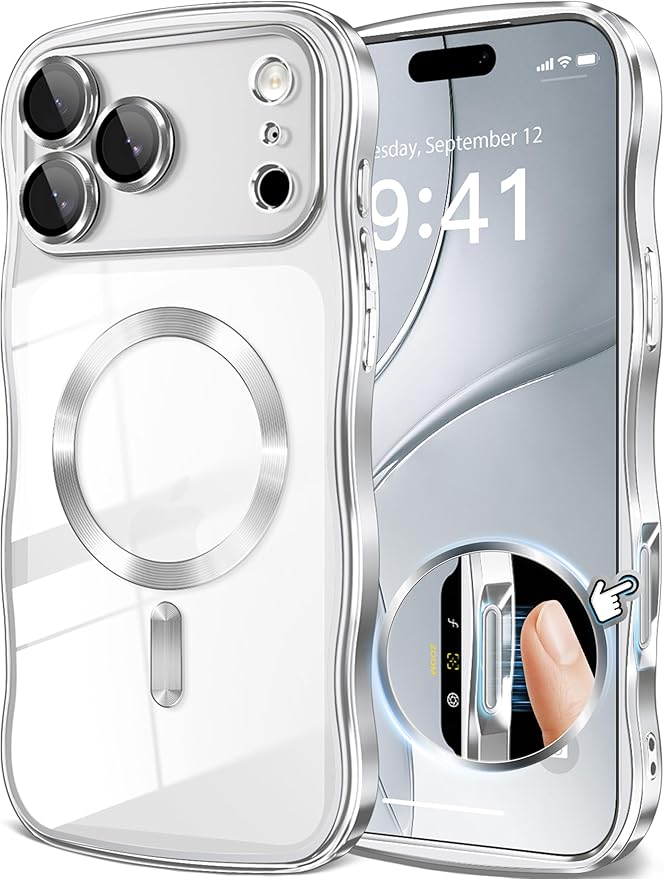 GVIEWIN for iPhone 17 Pro Case Compatible with MagSafe, Upgraded [Full Camera Protection][Cute Wave Frame][Military Grade Protection] Electroplated Hard Phone Cover for Women Girl, Clear/Sliver