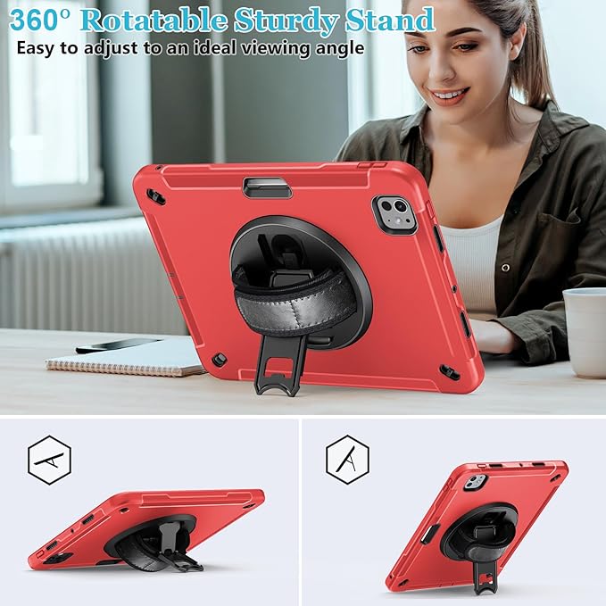 Case for iPad Pro 11 M5 2025/ M4 2024: Protective Cover for iPad Pro 11 Inch 5th Generation with Screen Protector- Stand- Handle- Shoulder Strap- Pencil Holder-Red