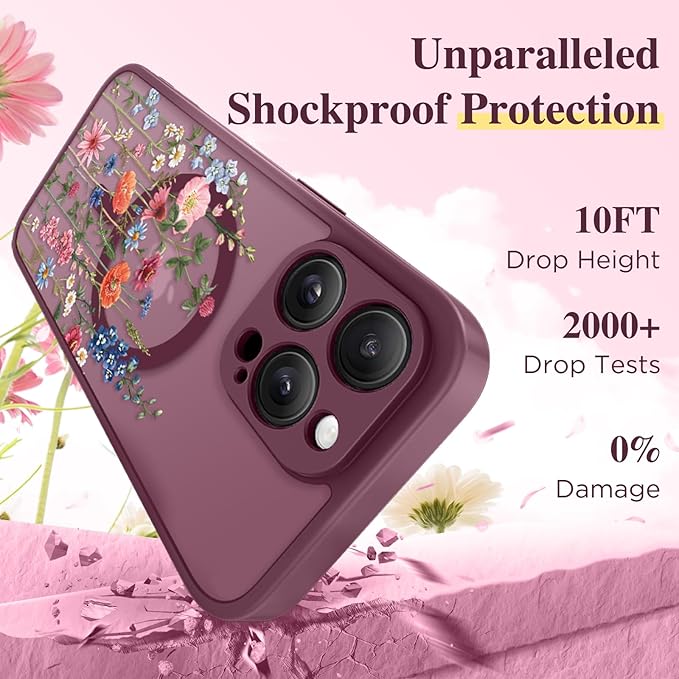 GVIEWIN for iPhone 16 Pro Case Compatible with MagSafe, [Military Grade Protection] [Screen Protector] Full Camera Protection Floral Translucent Women Magnetic Phone Case, Wild Petals/Red