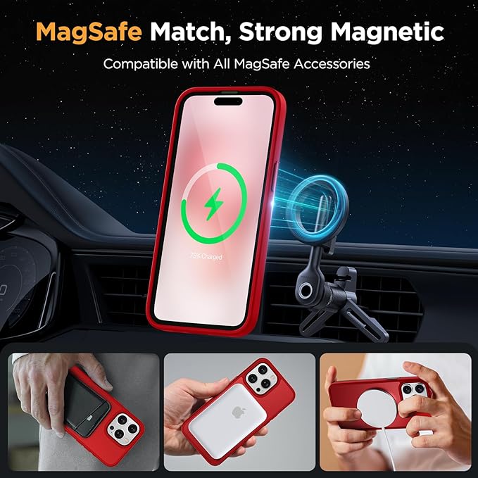 Miracase Magnetic for iPhone 15 Pro Max Case 6.7 inch (Compatible with MagSafe)（with 2X Screen Protectors）Military-Grade Protection, Anti-Fingerprint Translucent Matte Phone Cover, Red