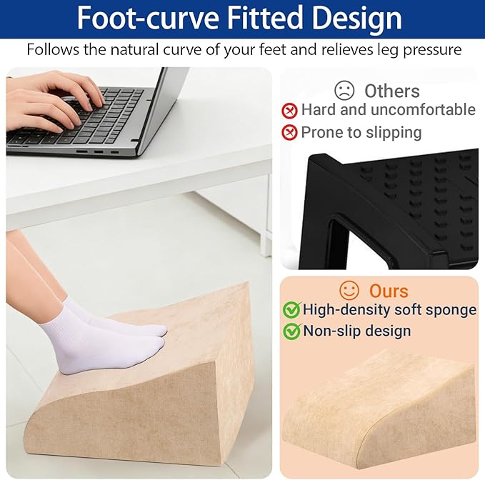 Foot Rest for Under Desk at Work, Ergonomic Under Desk Footrest with Washable Cover for Office, Home & Gaming Leg Elevation Pillow Beige
