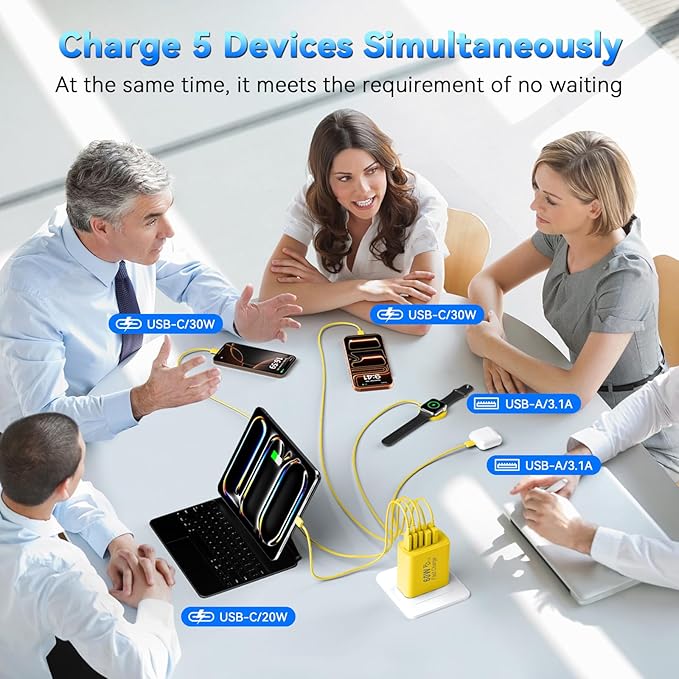 USB C Charging Blocks, 60W USBC Wall Fast Charger Block, Type C Phone USB C Charger Fast Charging Brick, 5-Port Multiport Charger Plug Power Adapter for Phone 17/16/15/14/13 Pro Max, Pad,S25-Yellow