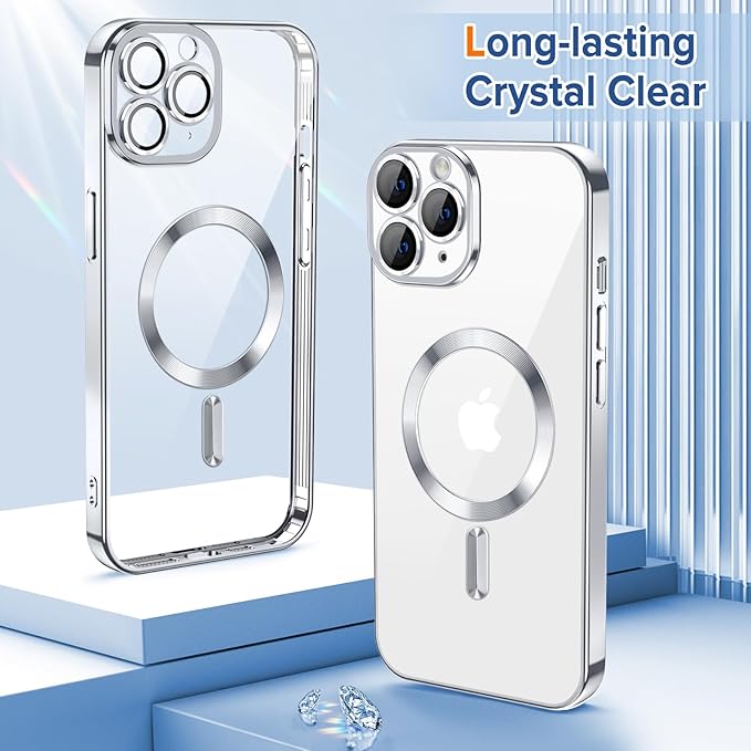 Hython Magnetic Clear for iPhone 11 Pro Max Case with Camera Lens Protector [Compatible with MagSafe] Plating Edge Slim Soft TPU Cover Protective Phone Case for iPhone 11 Pro Max 6.5", Silver