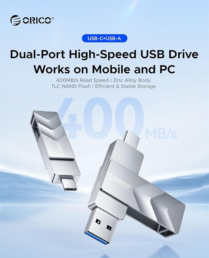 ORICO 128GB USB Flash Drive SSD, External TLC NAND Solid State Drive Up to 400MB/s Read, 300MB/s Write High Speed USB-C & USB-A Port,Metal Housing Swivel Design Compatible with iPhone 17, Android, PC