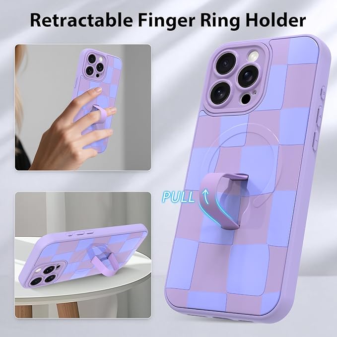 KANGHAR Compatible with iPhone 15 Pro Max Case, Support for MagSafe, Silicone Checkered Cute Pattern, Wristband Kickstand Camera Protection Soft Slim Cover for Girls Women -Purple