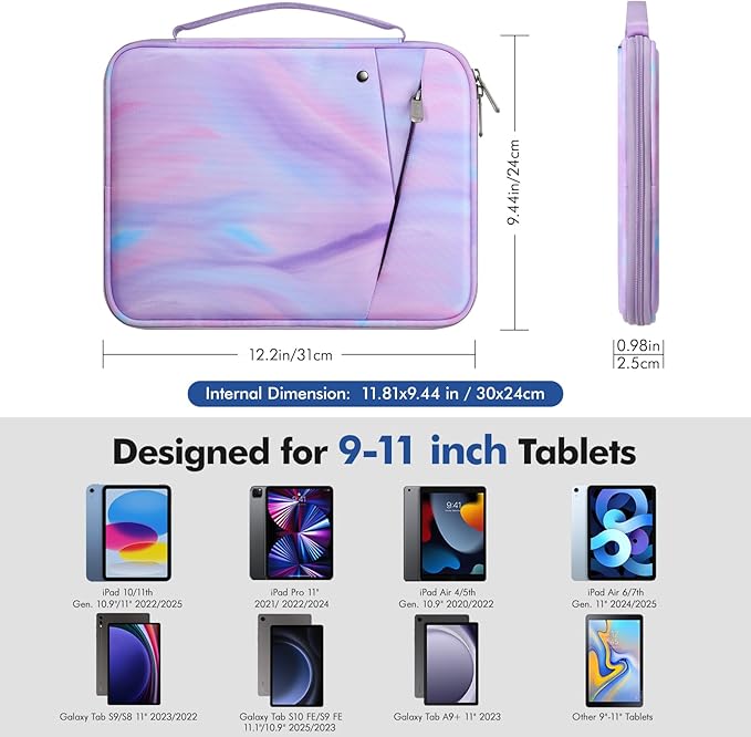 MoKo 9-11 Inch Tablet Sleeve Carrying Case with Handle, Padded Protective Travel Bag for New 11-inch iPad Air 4 2026/Pro M5/ A16, iPad 10th/Air 5/4th 10.9, i-Pad 9/8th 10.2,Tab S9/S8 11,Fantasy Purple