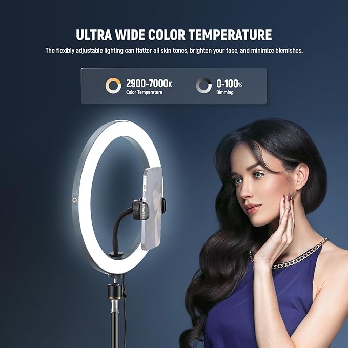 NEEWER 12" 24W High Power LED Ring Light with 71" Tripod Stand Phone Holder Compatible with iPhone for Video Recording Makeup Selfie Studio Streaming TikTok, Bi Color Ringlight Lighting, RH12B