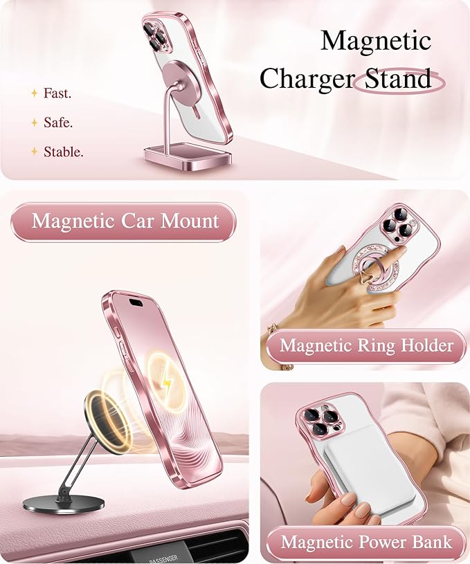 GVIEWIN for iPhone 16 Pro Max Case Compatible with MagSafe, Upgraded [Full Camera Protection][Cute Wave Frame][Military Grade Protection] Electroplated Soft Phone Cover for Women Girl, Clear/Pink
