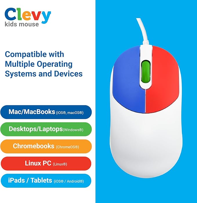 Clevy Kids Mouse - Colorful Ergonomic USB Computer and Laptop Kids Mouse for School and Home Computer Use - Wired Children Friendly - Compatible with Windows, macOS, Chromebook