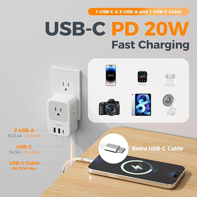 TESSAN USB C Charger Block, Multi Plug Wall Outlet Extender with 3 USB, Retractable USB-C Cable, 3 Side Multi Port Adapter for Cruise, Bathroom, Office, Dorm Essentials