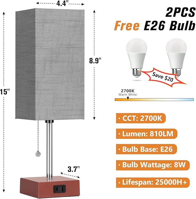 PLMMY Bedside Table Lamp for Bedroom Nightstand, 3 Color Pull Chain Nightstand Lamps Set of 2 with AC Outlets, Square Gray Lampshade Bedside Lamp for Living Room, Office Desk, LED Bulb Included