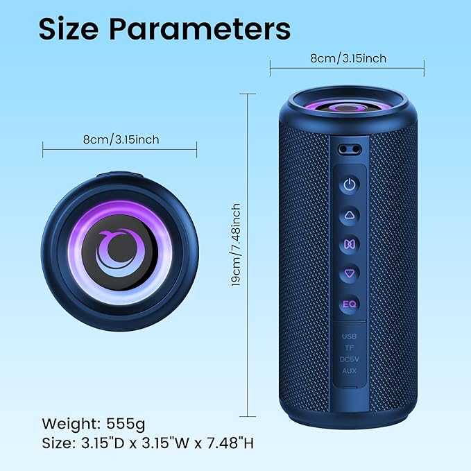 Portable Bluetooth Speaker, 2026 Bluetooth 5.4 Wireless Speaker with 20W HD Loud Stereo Sound, 20H Playtime, LED Lights, IP7, TWS Pairing, Built-in Mic, for Outdoor, Home, Beach, Party, Gift, Blue