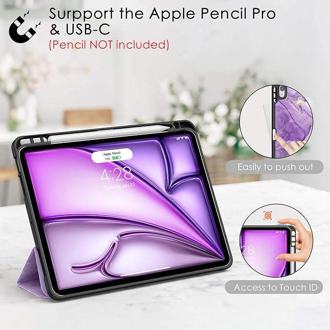 Soke Case for New iPad Air 11 Inch (M4/M3/M2, 2026-2024), iPad Air 5th/4th Generation 10.9 Inch (2020-2022) with Pencil Holder, Soft TPU Back Cover & Auto Sleep/Wake, Purple Marble