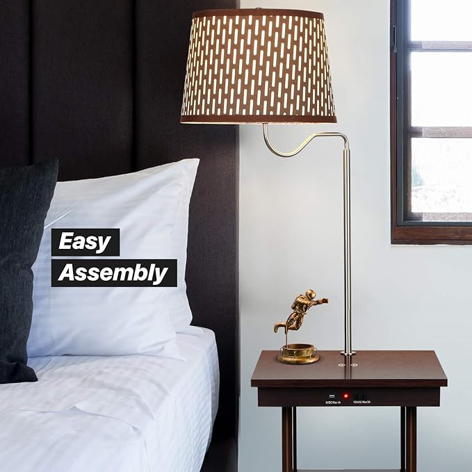 Brightech Madison Side Table with Lamp Combo, Desk Lamp with Wireless Charging Pad and USB Port, Bedside Reading Lamp, Nightstand Lamp with LED Bulb for Bedroom, Living Room, Office - Havana Brown