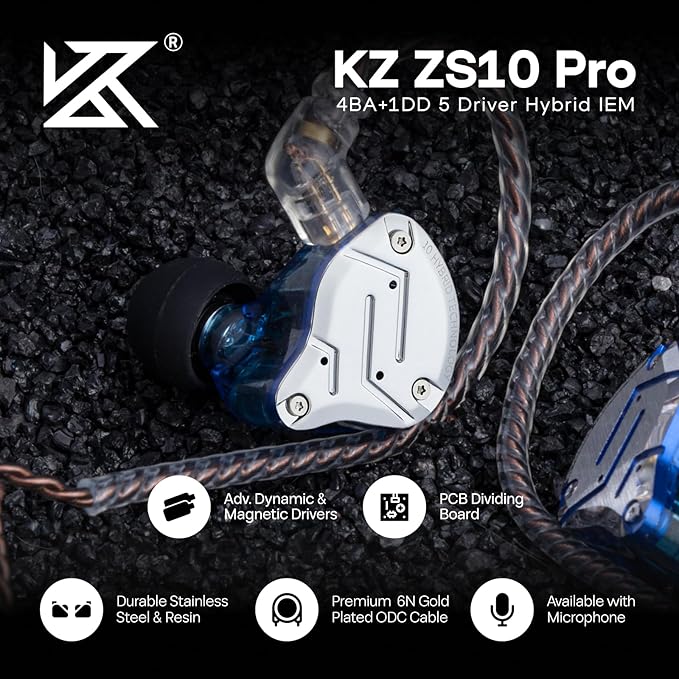 Linsoul KZ ZS10 Pro, 4BA+1DD 5 Driver in Ear Monitor, HiFi Wired Earbuds, Gaming Earbuds, Hybrid IEM Earphones with Stainless Steel Faceplate, Detachable Cable for Musician (Without Mic, Blue)