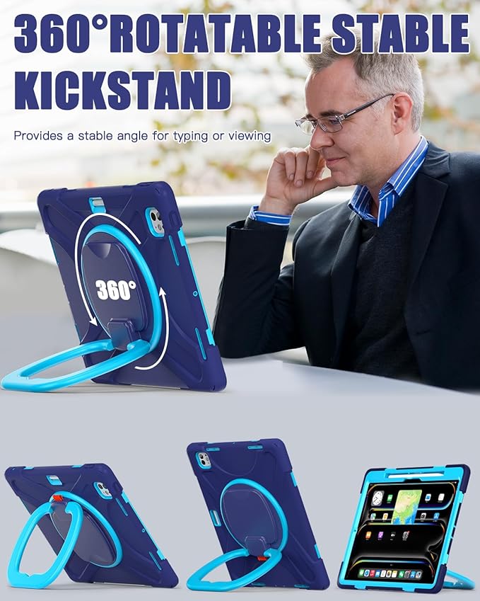 BRAECN Case for iPad Pro 13 Inch (M4/M5) 2024/2025, Protective Rugged Silicone Cover with 360° Rotating Kickstand, Ultra Stable Stand, Pencil Holder, Handle Grip, Adjustable Shoulder Strap, Navy Blue