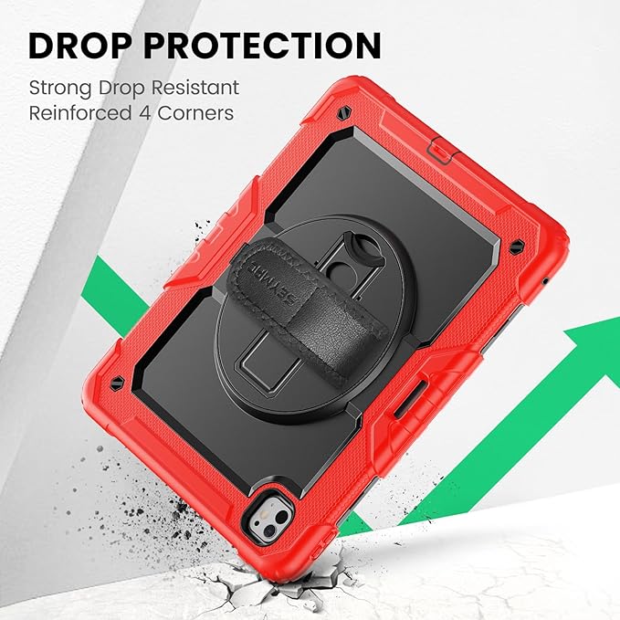 SEYMAC Case for iPad Pro 13 Inch M5 2025 / M4 2024, Heavy Duty Shockproof Protective Case with Screen Protector, 360° Rotating Stand, Hand/Shoulder Strap and Pen Holder, Red