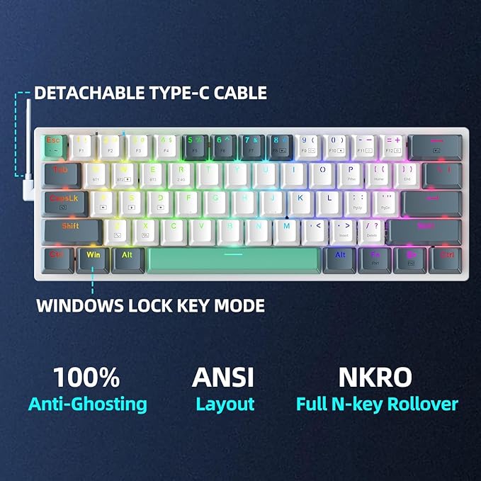 Machenike K500A-B61W 60% Mechanical Wireless Gaming Keyboard, 61 Keys Ultra-Compact Hot Swappable Linear Red Switch, Dynamic RGB Backlit, Anti-Ghosting, Double-Shot PBT Keycaps, Win/Mac, White